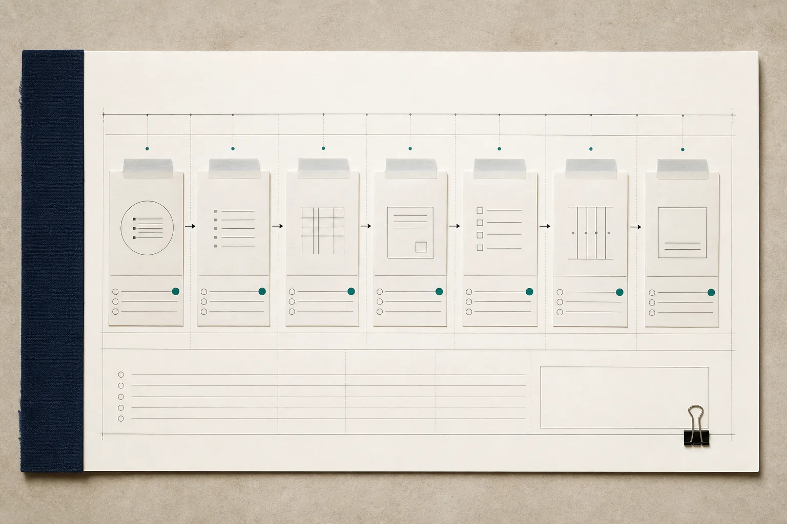 A bound planning board photographed top-down: seven envelope cards in a row, each holding a different schedule or checklist, connected by arrows along a dated timeline with a teal marker on every card.